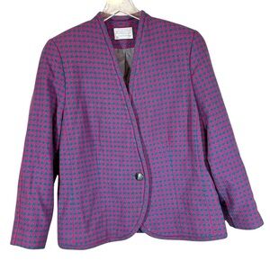 PENDLETON Women's 14W Plus Size Wool Blazer Magenta/Teal Houndstooth One Button